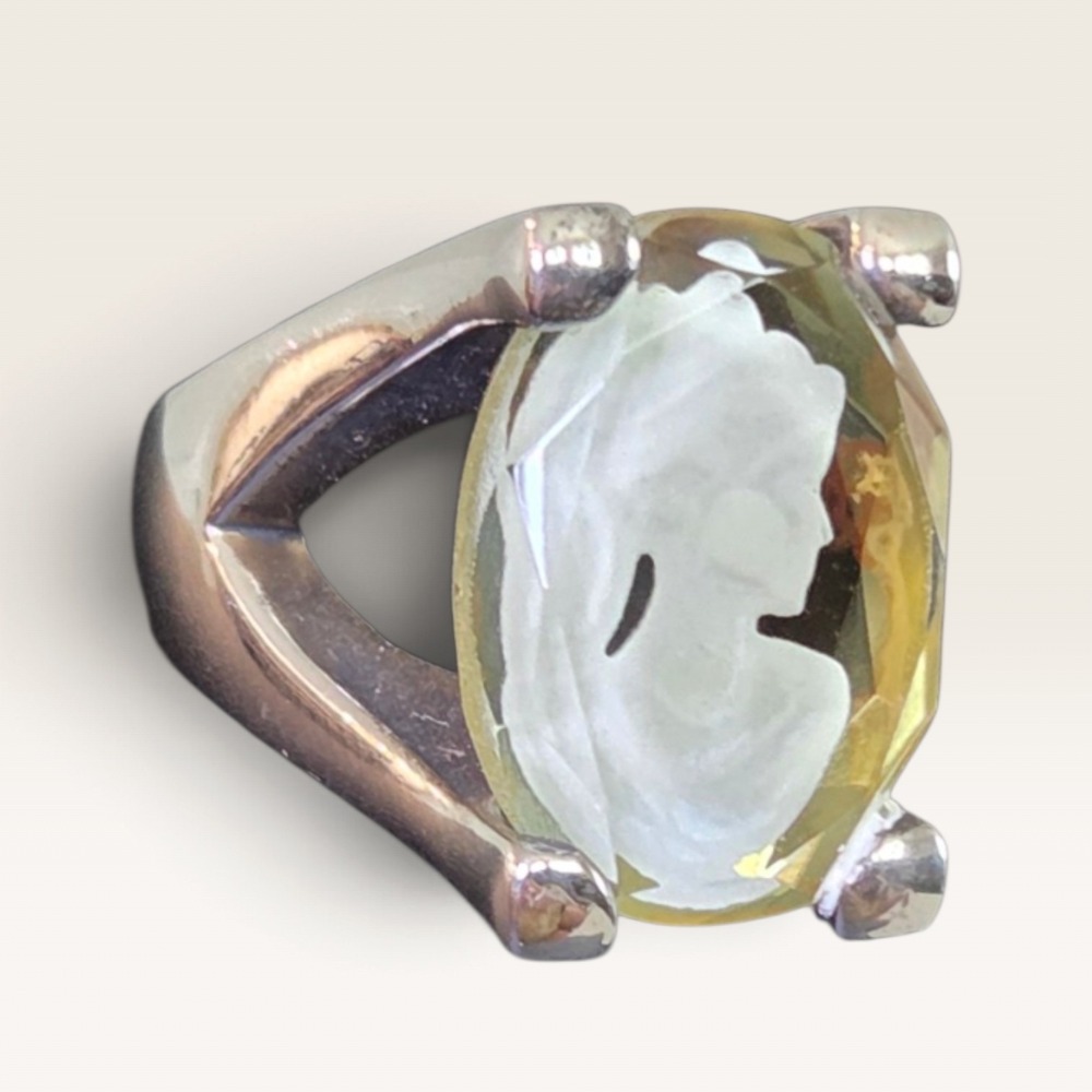Sterling Silver Size 8 Intaglio Cameo Ring Yellow Quartz Style Stone